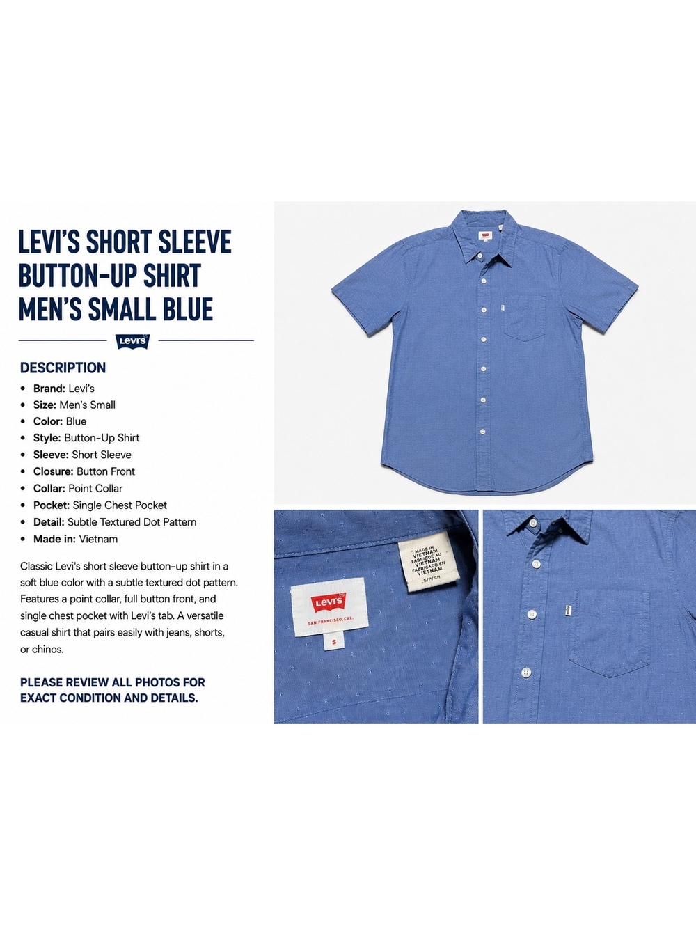 Levi’s Men’s Small Blue Short Sleeve Button-Up Shirt Textured Dot Pocket